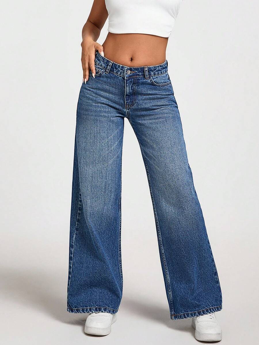 EURMUSE Jeans rectos de tiro bajo lavados para mujer - Azul lavado medio - Ver 1
