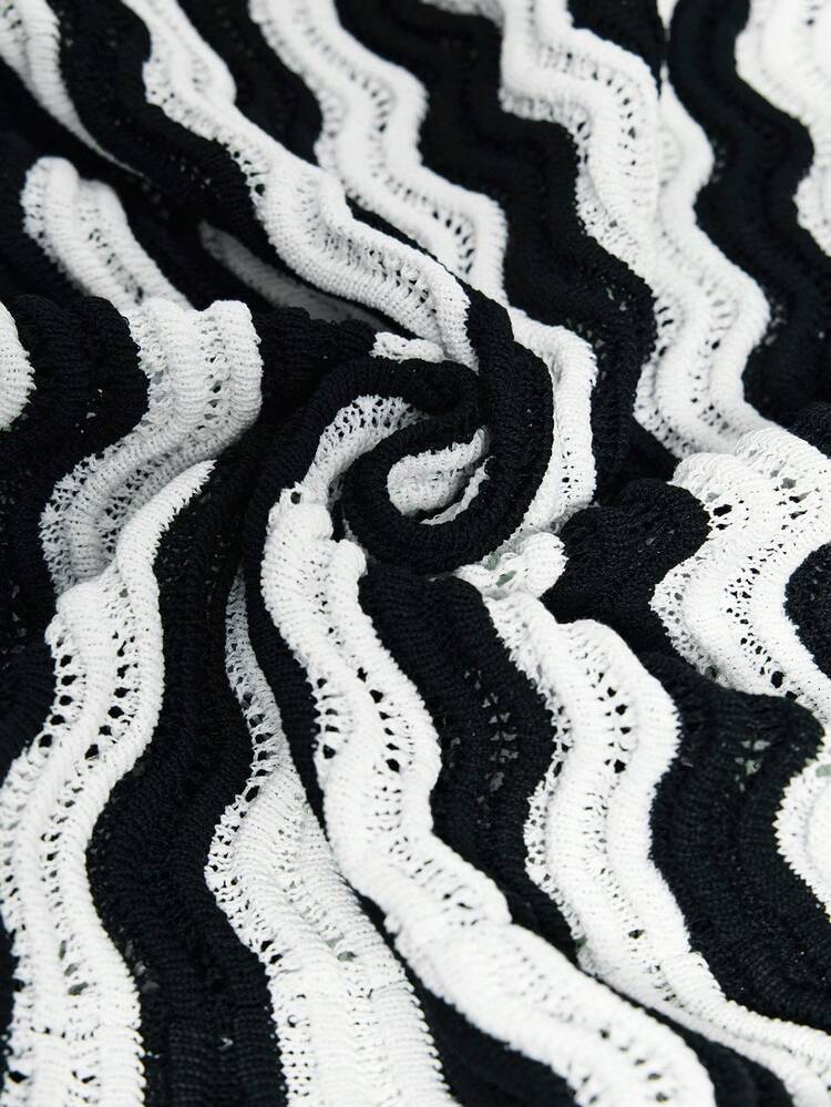 SHEIN Maija 2025 Black & White Contrast Color Knitted Long Dress For Women Black And White Dress Women Knit Dress Women Polo Dress Mod Dress Autumn And Winter Women's Dress Featuring Artistic Stripes, Geometric Shapes, And A Unique Designer Style-An Ideal Choice For Halloween Parties.