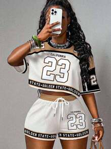 Slaydiva Bộ 2 áo thun và quần short in chữ và số Colorblock thường ngày dành cho nữ, mùa hè - Nhiều màu - Xem 3