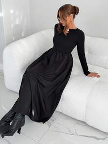 Siren Gaze Elegant Black Autumn Luxury Women Long Sleeve Ankle-Length A-Line Dress With Metal Buckle & Pockets,Brunch Work Party Wedding Guest Outfits - Black - View 5