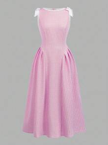 SHEIN 少女蓝白腰收腰连衣裙，蝴蝶结肩部，针织弹力面料，复古可爱甜美风格，适合派对和聚会 - 粉色 - 查看 1