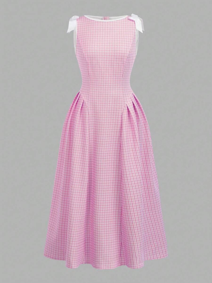 SHEIN 少女蓝白腰收腰连衣裙，蝴蝶结肩部，针织弹力面料，复古可爱甜美风格，适合派对和聚会 - 粉色 - 查看 1