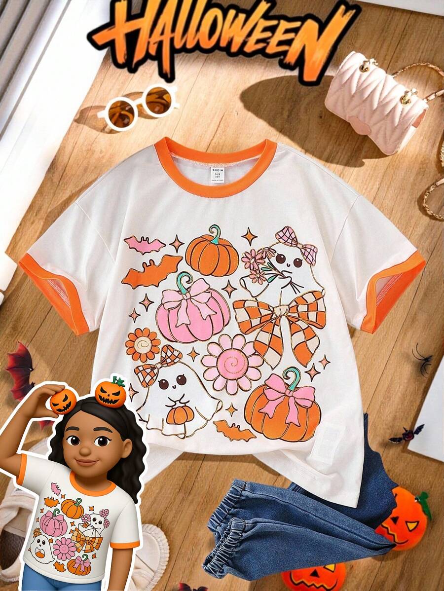 Girls' Halloween & Easter Party Cute Ghost Pumpkin Candy Graphic Funny Short Sleeve T-Shirt - Multicolor - View 1