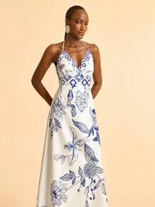 CAJUNI Women's Tropical Bohemian Style Blue Floral Print Wrap Halter Neck Backless Maxi Dress With Ruffle Bust Design