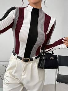 SHEIN Clasi 大码女式圆领优雅法式派对节日圣诞聚会亮片拼接流苏闪亮秋冬保暖粉色毛衣商务休闲女士、工作服、秋季婚礼宾客礼服， - 酒紅色 - 查看 4