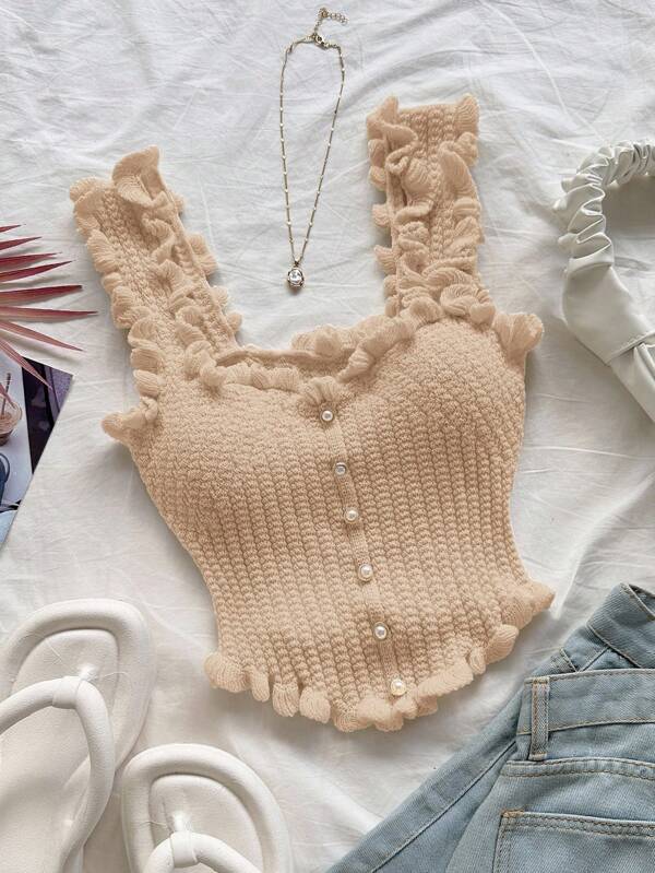 Soleia Summer Knit Top For Women: Cute Ruffle Trim Knitwear Tank With Pearl Buttons,Summer Tops
