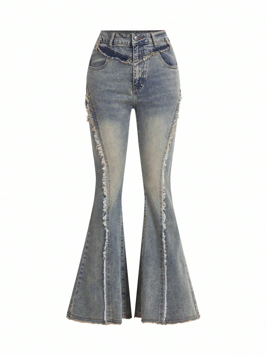 SHEIN x PRISCILA & JIMENA ROMWE Grunge Punk Y2k Style 街头风格紧身牛仔喇叭裤，带星星补丁和磨损下摆，学校 - 藍色 - 查看 1