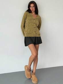 Aloruh Nouveau cardigan femme d'automne/hiver à col en V, à simple boutonnage, style mou. Tricot à manches longues, motif vintage à pois verts sur maille douce - Vert - Voir 8