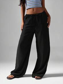 MISSGUIDED Pantalones palazzo de pierna ancha con efecto martillado y satinado, cintura alta con cordón, pantalones de salón elegantes y fluidos para fiestas, eventos, uso casual y cómodo, ideal para usar en vacaciones y verano - Negro - Ver 5