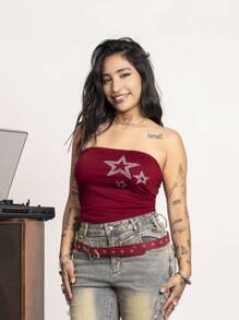 ROMWE Grunge Punk Top sin tirantes con decoración de strass con diseño de estrellas para señoras, para el carnaval - Rojo - Ver 1