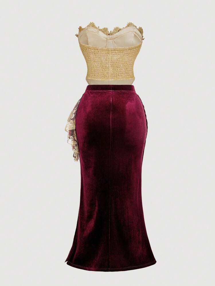 SHEIN MOD Plus Size Vintage Set: Red 3D Floral Contrast Color Gold Lace Bustier, Paired With High-Waisted Ruched Burgundy Velvet Slit Ruffle Midi Skirt, Romantic & Elegant For Weddings, Renaissance Fair,Three-Dimensional Floral Lace Decoration, Velvet Skirt,Suit - Gold - View 2