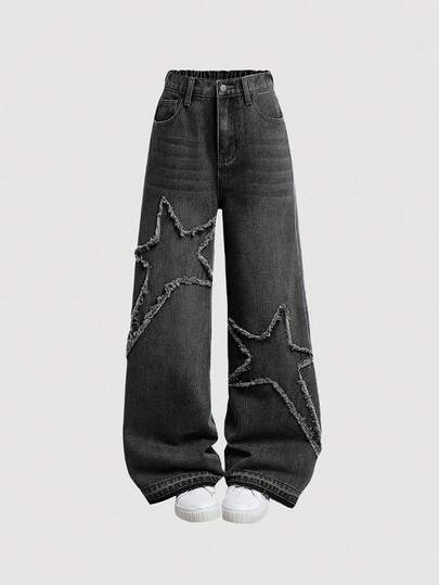 SHEIN Girlism Tween Girls Y2K Fashionable Stonewashed Baggy Denim Jeans With Star Shaped Patched Detail,Girls Fall Clothes Back To School Streetwear Outfits, Baggy Star Jeans, Black Baggy Jeans, Y2k Jeans, Emo Jeans Winter