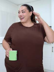 Pretty and Ole Bộ áo thun tay ngắn và quần short màu trơn thường ngày mùa hè phong cách lễ hội âm nhạc cỡ lớn cho nữ - màu nâu - Xem 5
