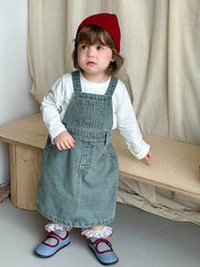 DAZY Baby Girls Solid Color Washed Casual Korean Style Denim Jumpsuit Dress Fall,Winter Toddler Girls Clothes - Blue - View 5