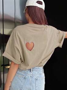 DAZY Women's Drop Shoulder Loose Short Sleeve T-Shirt With Heart Cutout Back Design Cute Tops,Graphic Tees - Apricot - View 6