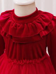 Glamorique Kids Baby Girls' Long Sleeve Dress,Mesh Patchwork Puff Ruffle Collar,Dark Red Autumn Elegant Birthday Christmas Dress Fall Winter,Cute And Sweet - Red - View 7