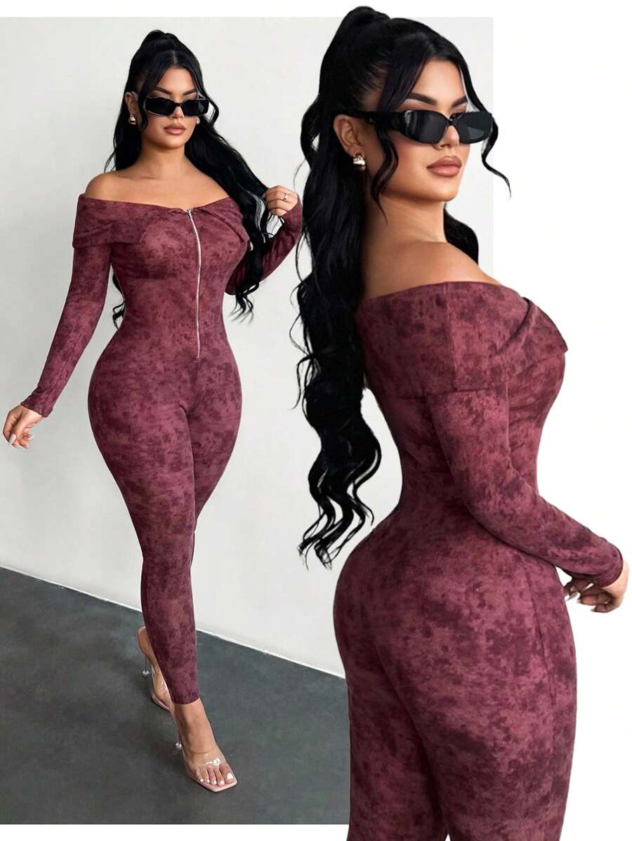 SHEIN SXY 露肩扎染拉链连体裤、返校季、秋季女装、Y2K、外出、秋季服装、乡村音乐会服装、性感女式俱乐部服装、街头服饰、狂欢服装、俱乐部服装、女式约会夜服装、长袖连体裤、紧身连体裤、露肩连体裤、女式连体裤 - 棕色 - 查看 1