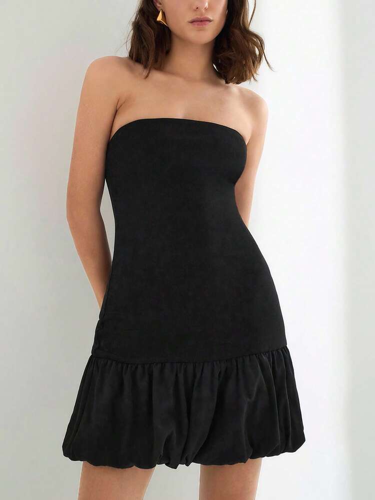 SHEIN Maija Women Solid Color Ruffle Hem Tube Dress