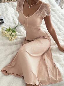 SHEIN 蕾丝拼布罗纹针织女式长款睡袍 - 杏色 - 查看 7