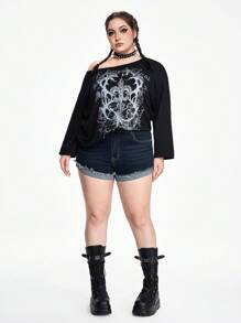 ROMWE Grunge Punk Quần short denim cạp trễ cổ điển có độ co giãn cao, thanh lịch và đa năng, cỡ lớn - Màu xanh lam - Xem 3