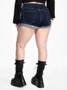 ROMWE Grunge Punk Quần short denim cạp trễ cổ điển có độ co giãn cao, thanh lịch và đa năng, cỡ lớn - Màu xanh lam - Xem 6