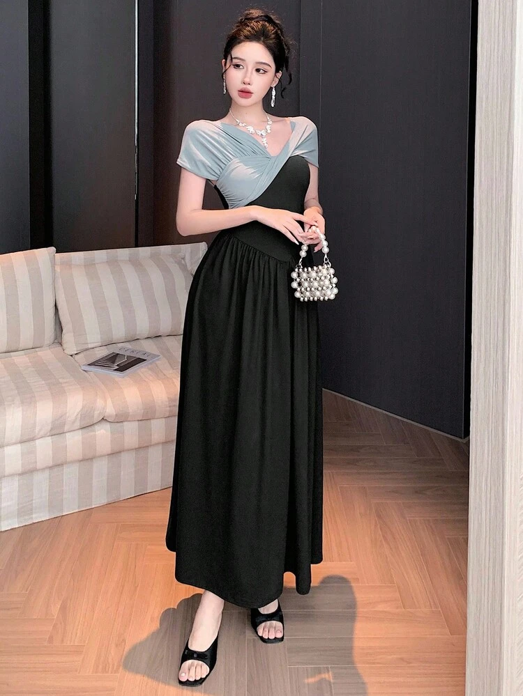 Women's Elegant Commuter Colorblock Asymmetric Collar Dress Prom Dress