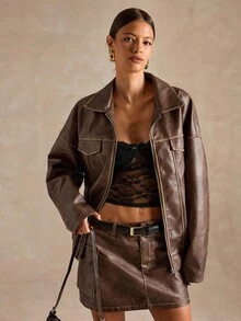 SHEIN BAE Chaqueta casual y oversize de unicolor para mujer para otoño/invierno, chaqueta de invierno para mujer, chaqueta burdeos, abrigos, chaqueta de PU casual, chaqueta oversize lavado premium marrón con detalle de costura