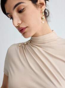 BizChic Women's Stand Collar Pleated Short Sleeve T-Shirt, Basic Top, Suitable For Outings, Office, Business Casual, Autumn - Apricot - View 10