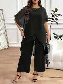 Reflora Plus Size Elegant Commuter Solid Color Asymmetric Hem Top And Pants 2 Pieces Set,Fall Clothes For Women - Black - View 9