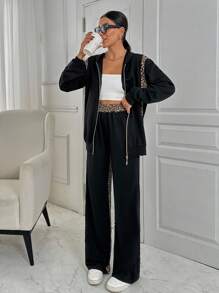 SHEIN Cottnline طقم من البلوفر ذو الأبواب والبنطلون الرياضي طراز نمر تلاميع متعدد القطع. مريح للخريف - الأسود - مشاهدة 3