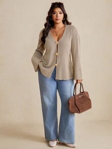 Elaquor 大码女式金属花单排扣长袖宽松休闲夹克 - 駝色 - 查看 1