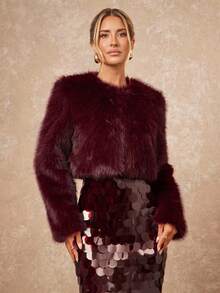 Lumalex 秋冬户外仿毛皮宽松直筒无领女式外套，舒适奢华，适合舞会、聚会等场合 - 酒紅色 - 查看 7