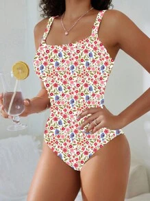 Swim Mod 女士花卉印花褶皱连体泳衣，适合夏季海滩度假 - 彩色 - 查看 4