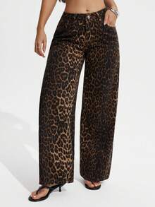 SHEIN PETITE Women's Fashion Commuter Leopard Print Wide Leg Jeans - Multicolor - View 6