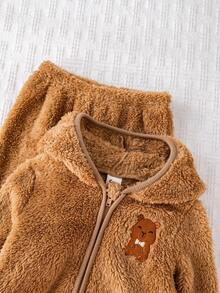 Cozy Pixies 2pcs Baby Boy Cartoon Bear Pattern Thermal Lined Hooded Jacket And Elastic Waist Ankle Cuff Pants Set - Brown - View 6