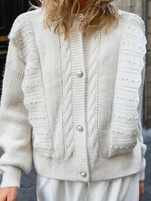 EURMUSE Cardigan à col rond en tricot torsadé avec volants et ornements de perles - Nude - Voir 3