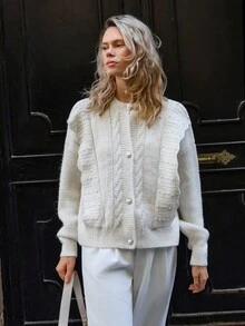 EURMUSE Cardigan à col rond en tricot torsadé avec volants et ornements de perles - Nude - Voir 5