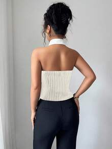 Elenzga 女士时尚黑白条纹露背吊带衫 - 杏色 - 查看 2