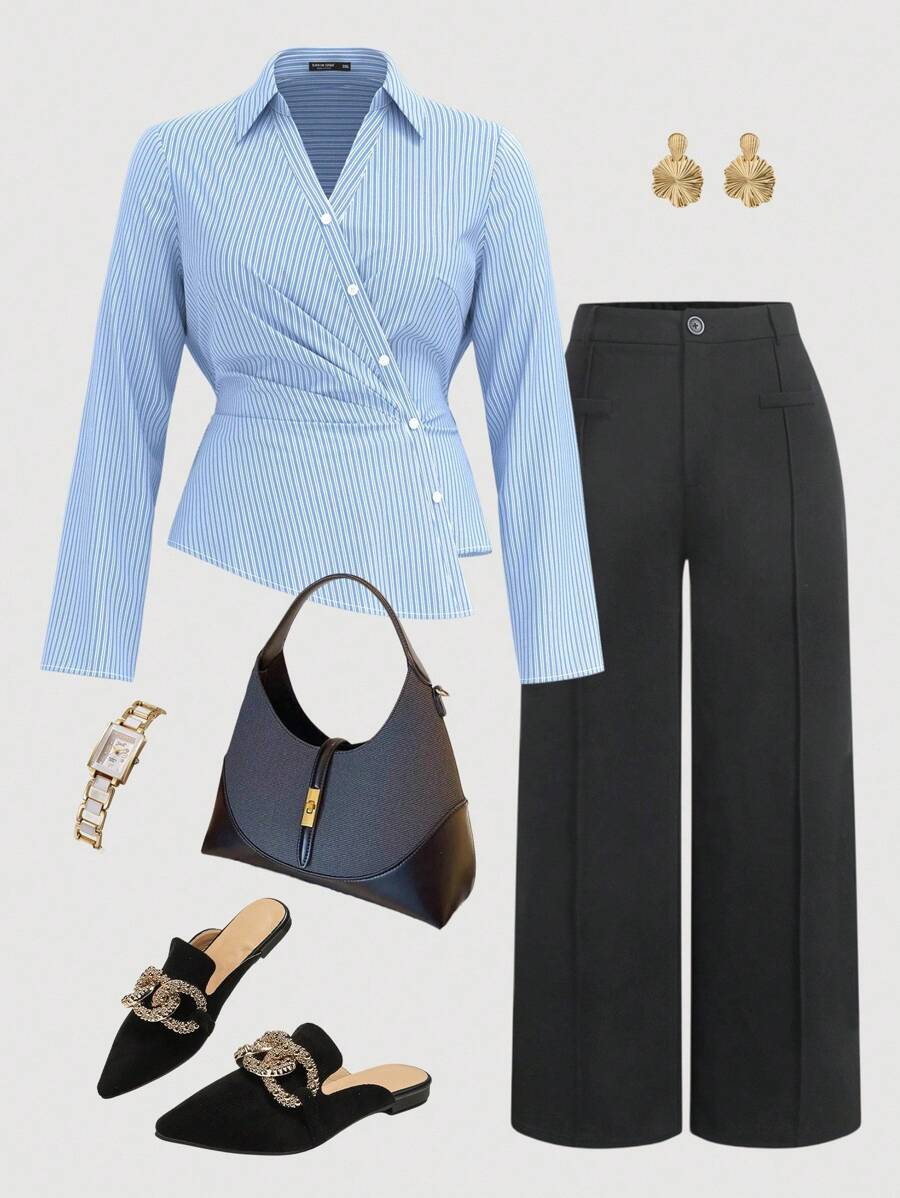 SHEIN MOD Blusa de mujer de talla grande con cuello vuelto, de manga larga y estampado de rayas azules y blancas, para uso casual en el trabajo, estilo de los 90, otoño, regreso a clases, blusas de mujer, blusas para salir, camisa de manga larga, blusas de trabajo para mujer, casual para la oficina