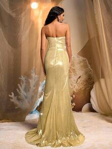 Glamrae Falda de cola de pez con abertura, elástica, con volantes, adornada con cuentas y cristales, elegante y lujosa, adecuada para bodas, fiestas, vacaciones, galas y ocasiones formales (muy recargada) - Amarillo claro - Ver 3