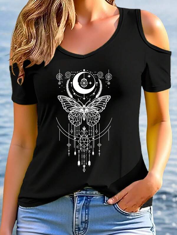 Camiseta de mujer con cuello redondo casual, de manga corta y hombros descubiertos, con estampado de estrella, luna, mariposa y geometría, adecuada para deportes, ocio y uso diario, para primavera/verano