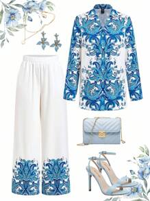 Ellevyn Women's Floral Print Shirt And Pants Two Pieces Set, Elegant And Graceful - Blue and White - View 1