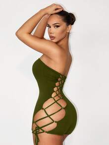 Zolique Women's Skin-Friendly & Comfortable All-Season Lace-Up Lifting Basic Solid Color Hollow Criss-Cross Strap Jumpsuit - Army Green - View 5