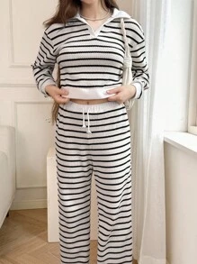 Sparklyn 少女条纹翻领落肩卫衣和裤子休闲套装