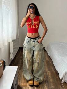 SHEIN ICON Plus Size Women Vintage Washed Denim Jeans, Autumn/Winter - Light Wash - View 7