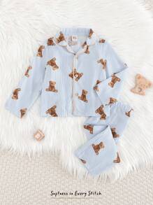 Cozy Pixies 2件套男童卡通熊图案翻领短袖开衫和松紧腰短裤套装 - 霧霾藍 - 查看 1