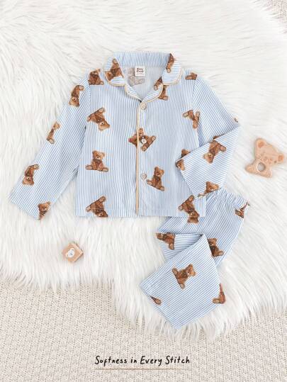 Cozy Pixies 2pcs Baby Boy Cartoon Bear Pattern Lapel Short Sleeve Cardigan And Elastic Waist Shorts Set