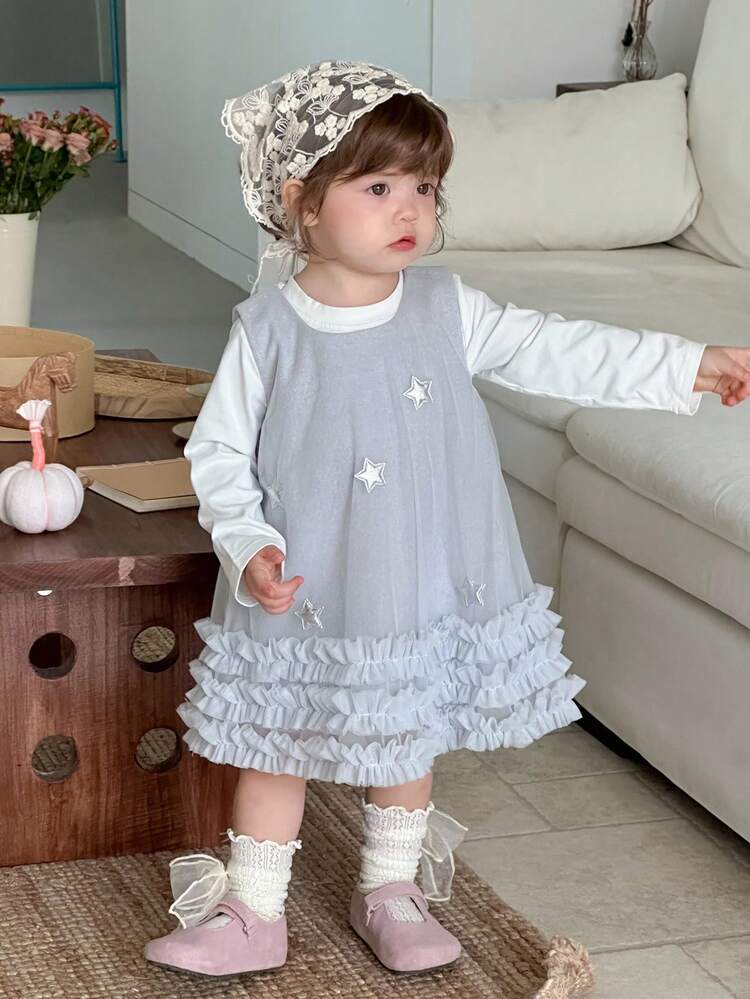 Toddler Girls' Round Neck Korean Style Ruffle Trim Star Midi Party Birthday Dress