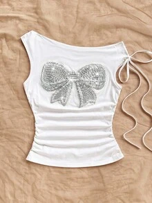 Soleia Women's Sequin Bowknot Ruched Shoulder Fashionable Blouse  Party , White Tank Top, Sequin Bow Top, Casual Tops Women Summer Sequin Party  Casual Blouses For Women White Top Casual Blouses For Women Holiday Vacation - White - View 4