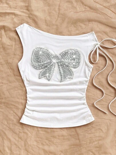 Soleia Blusa de moda con hombros fruncidos y lazo con lentejuelas para mujer